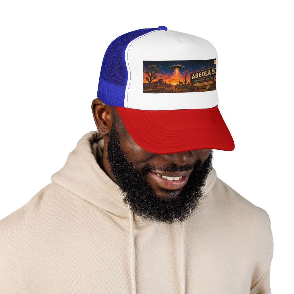 Areola 51 Trucker Hat — Retro UFO Desert Adventure Foam Cap