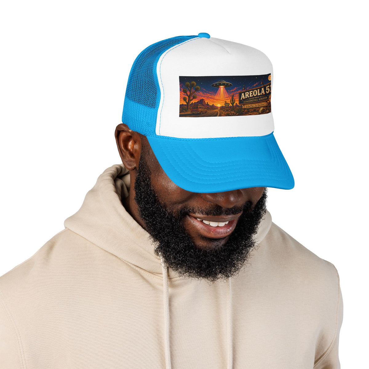 Areola 51 Trucker Hat — Retro UFO Desert Adventure Foam Cap
