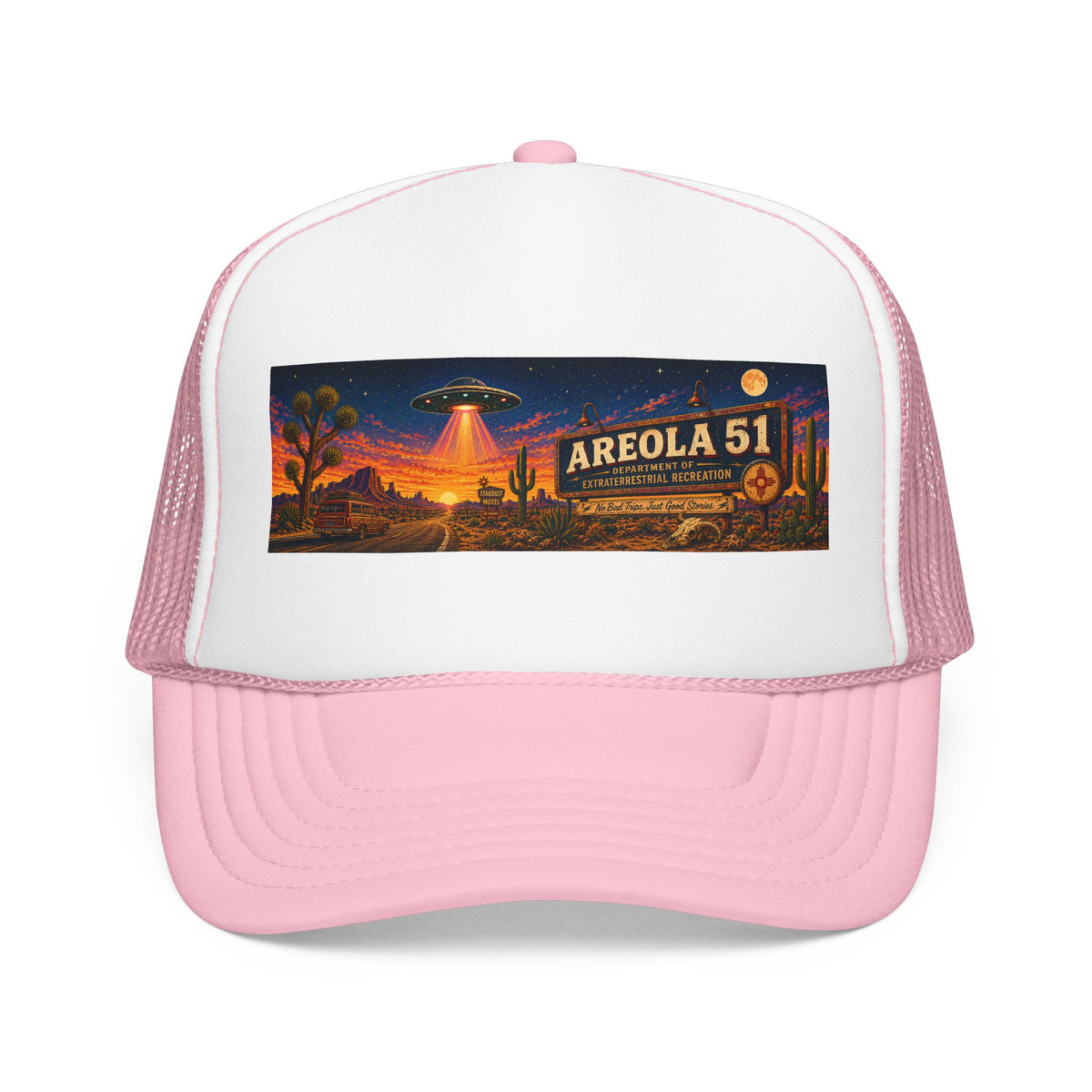 Areola 51 Trucker Hat — Retro UFO Desert Adventure Foam Cap