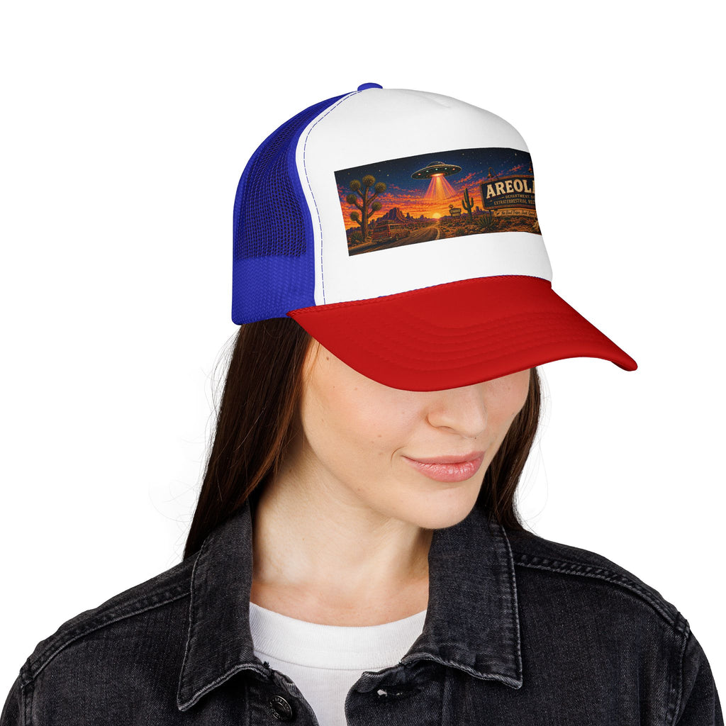 Areola 51 Trucker Hat — Retro UFO Desert Adventure Foam Cap