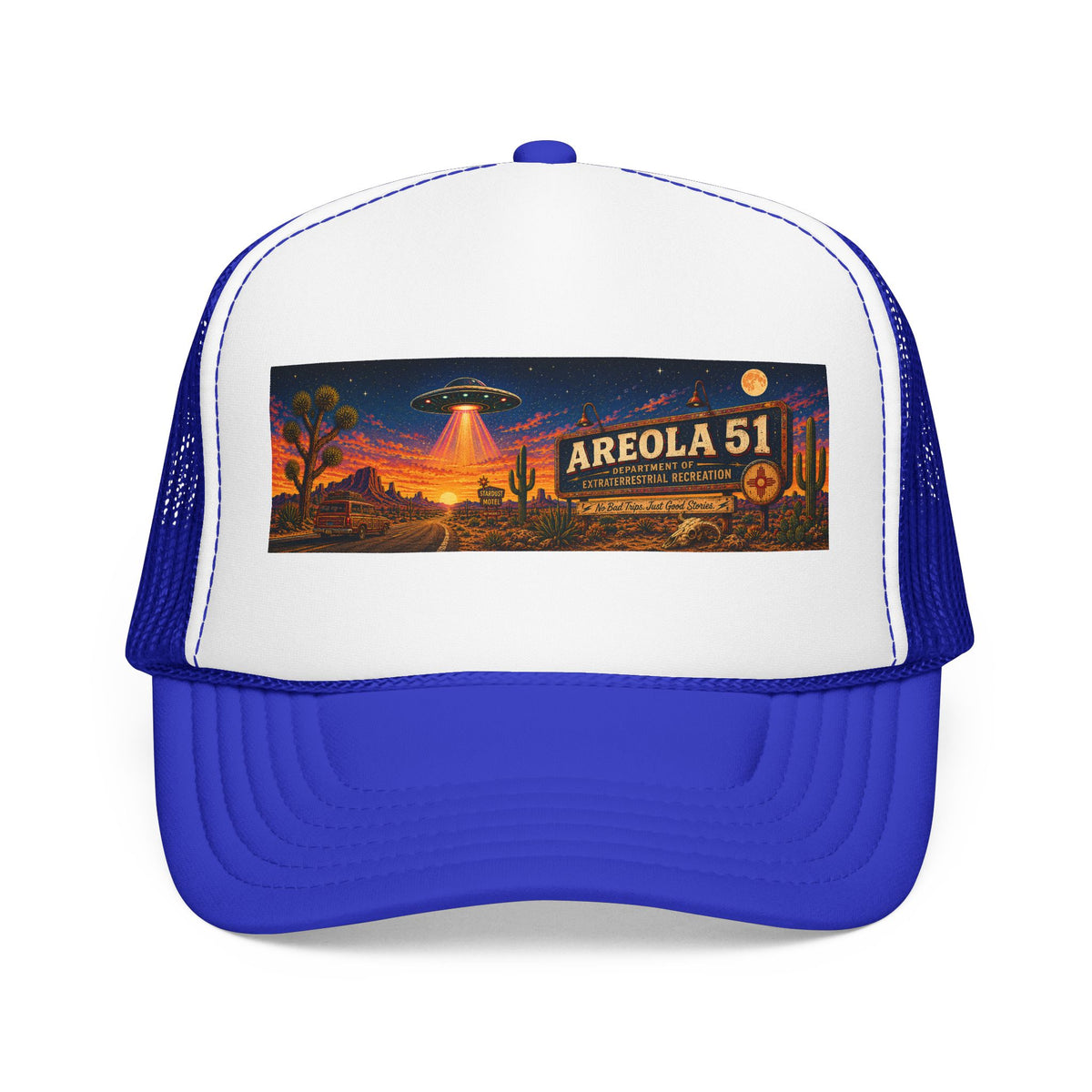 Areola 51 Trucker Hat — Retro UFO Desert Adventure Foam Cap