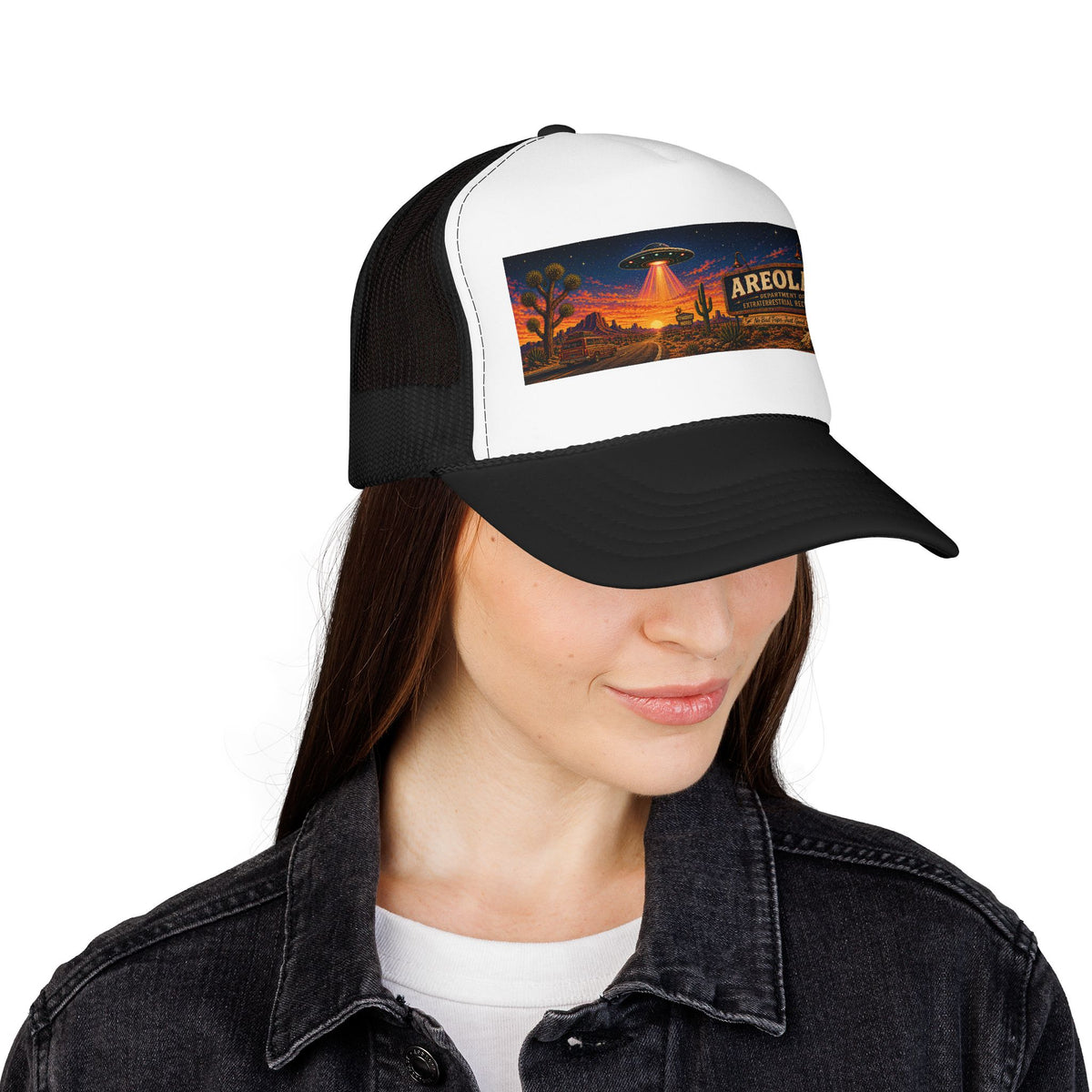Areola 51 Trucker Hat — Retro UFO Desert Adventure Foam Cap