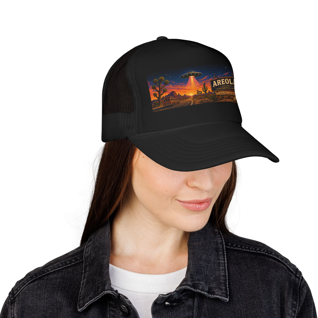 Areola 51 Trucker Hat — Retro UFO Desert Adventure Foam Cap