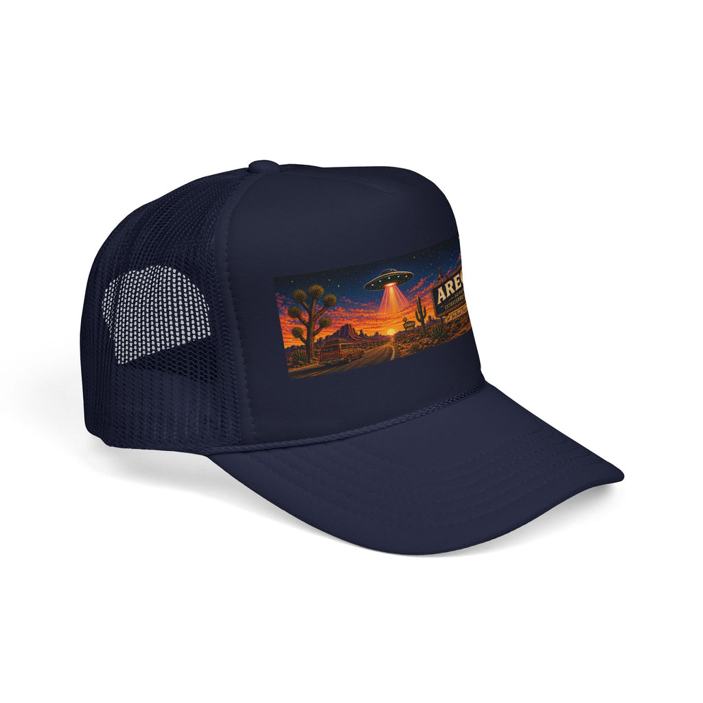 Areola 51 Trucker Hat — Retro UFO Desert Adventure Foam Cap