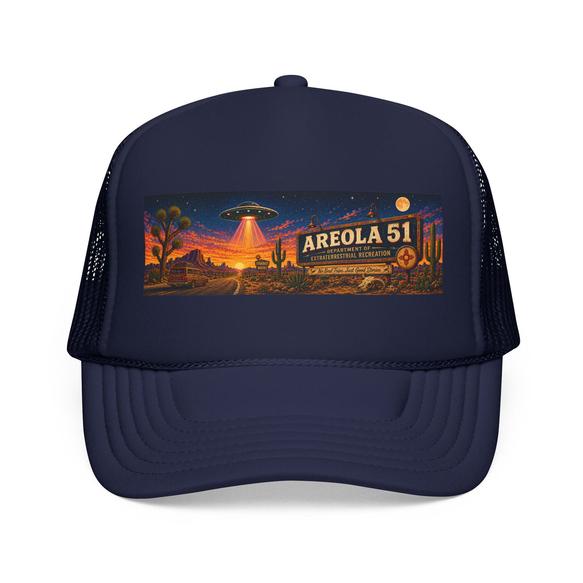 Areola 51 Trucker Hat — Retro UFO Desert Adventure Foam Cap