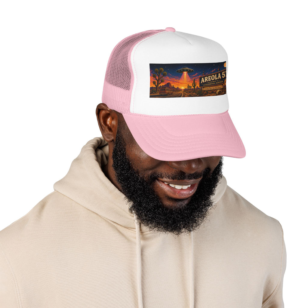 Areola 51 Trucker Hat — Retro UFO Desert Adventure Foam Cap