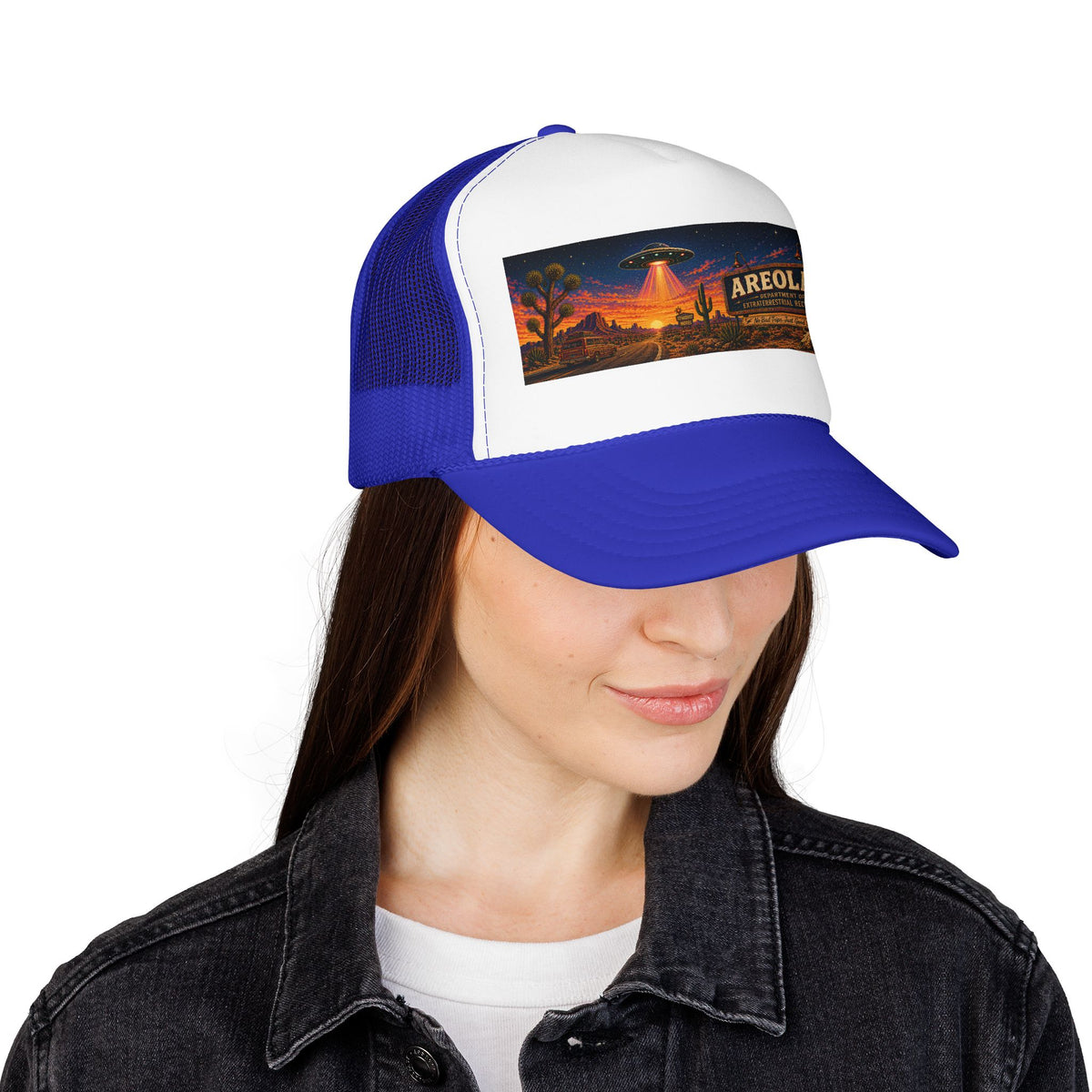Areola 51 Trucker Hat — Retro UFO Desert Adventure Foam Cap