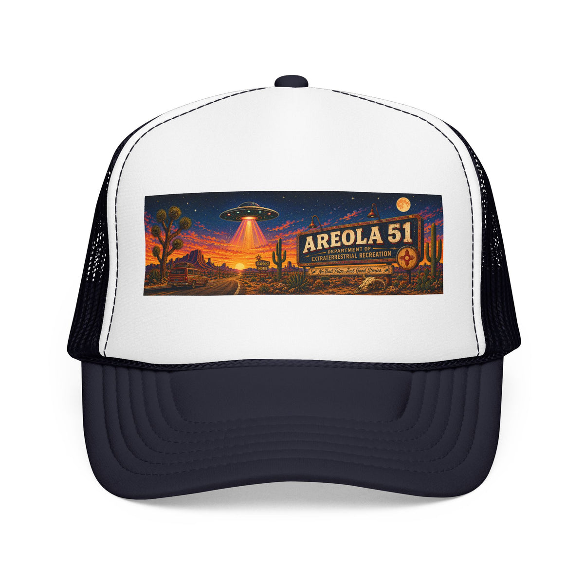 Areola 51 Trucker Hat — Retro UFO Desert Adventure Foam Cap