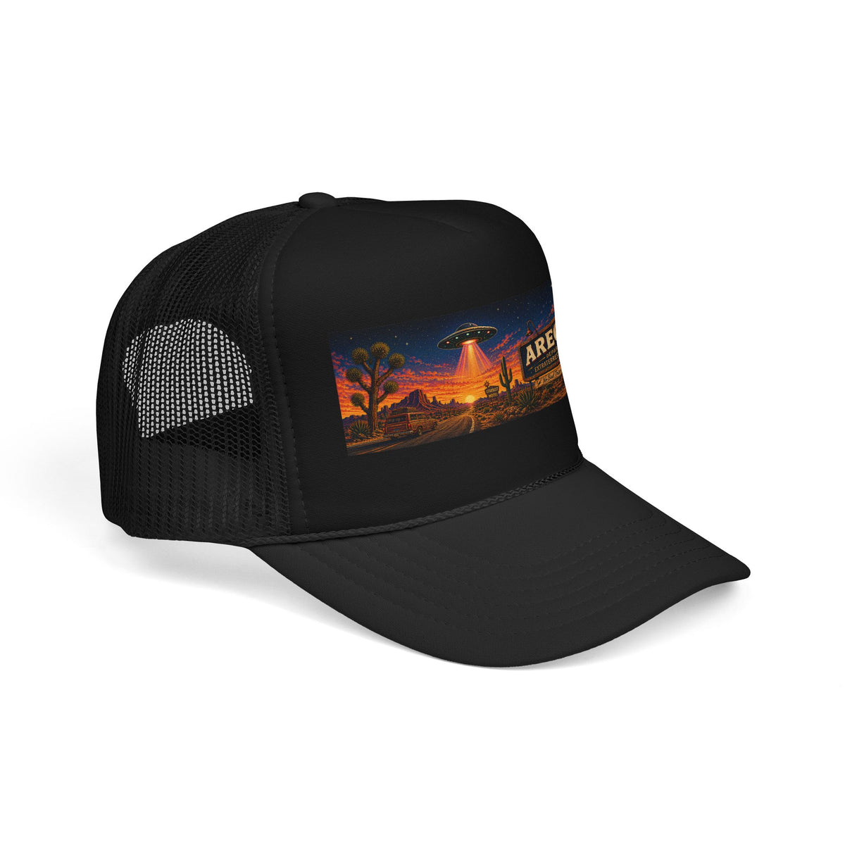 Areola 51 Trucker Hat — Retro UFO Desert Adventure Foam Cap