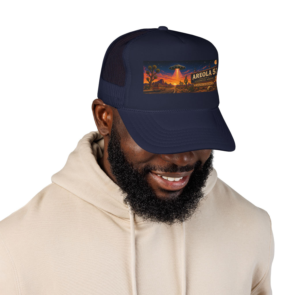 Areola 51 Trucker Hat — Retro UFO Desert Adventure Foam Cap