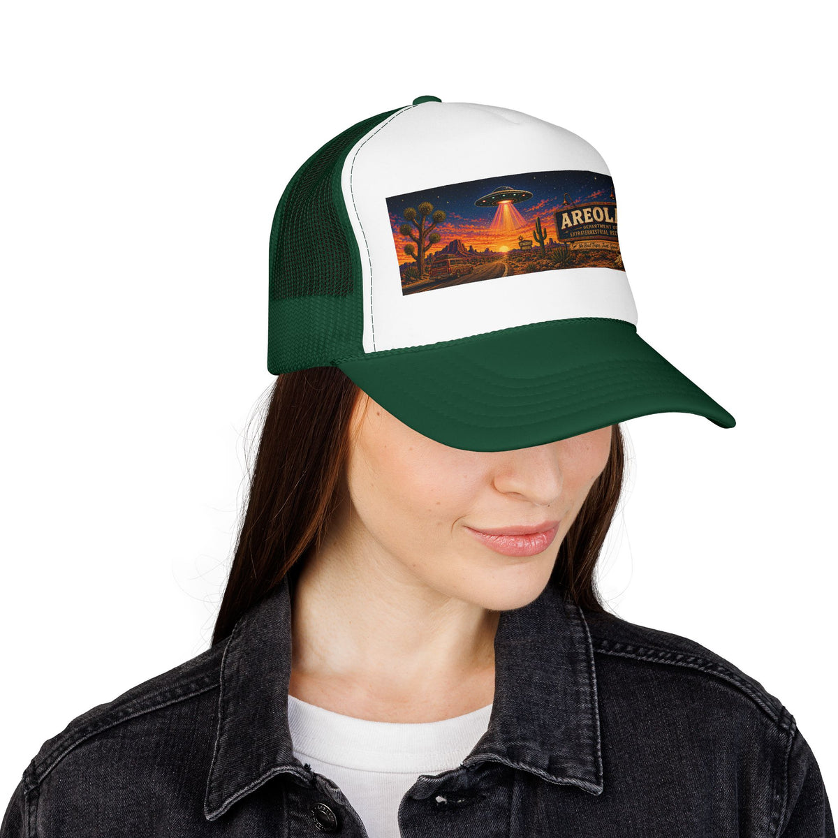 Areola 51 Trucker Hat — Retro UFO Desert Adventure Foam Cap