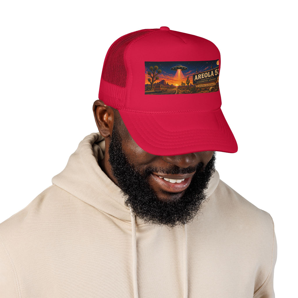 Areola 51 Trucker Hat — Retro UFO Desert Adventure Foam Cap