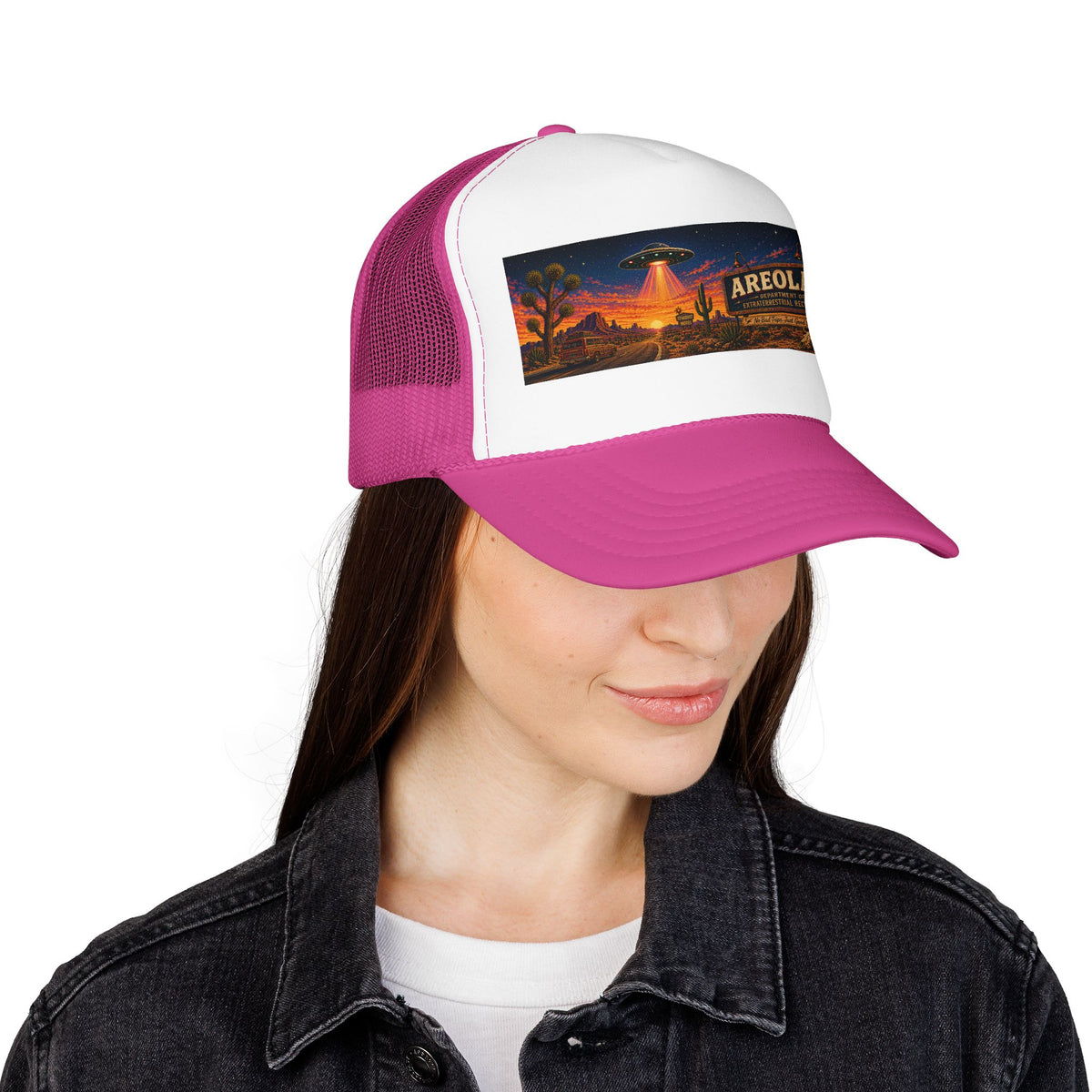 Areola 51 Trucker Hat — Retro UFO Desert Adventure Foam Cap
