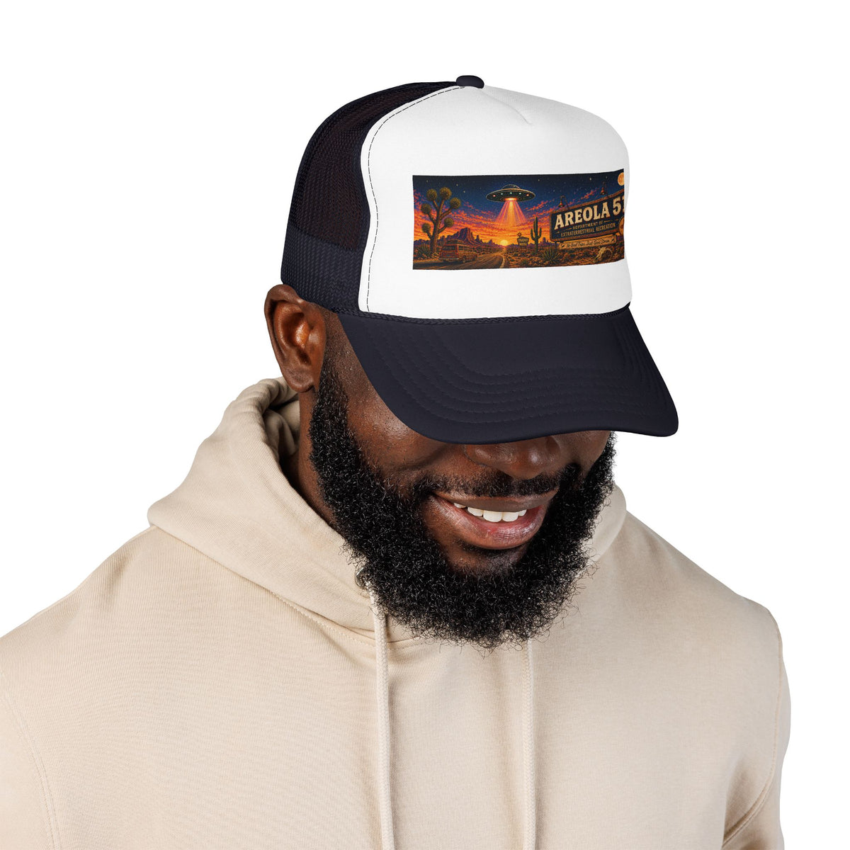Areola 51 Trucker Hat — Retro UFO Desert Adventure Foam Cap