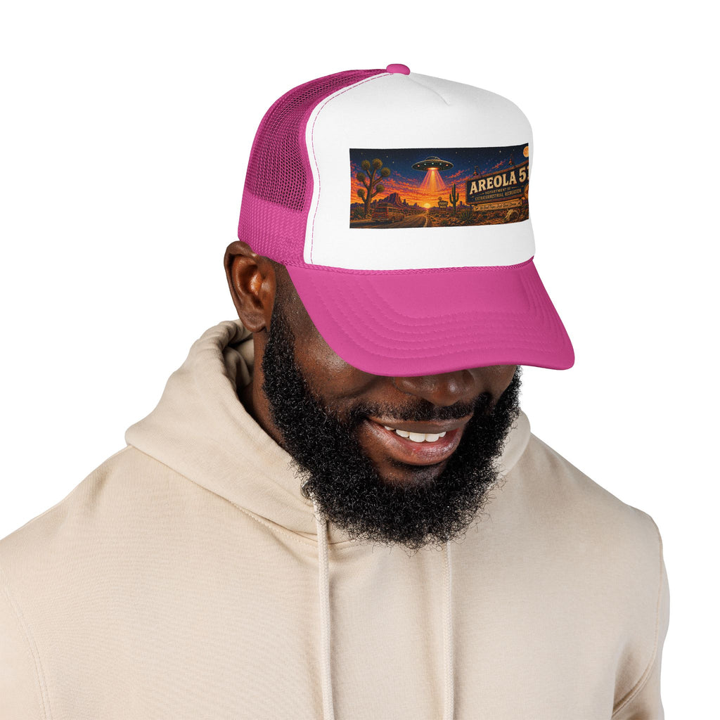 Areola 51 Trucker Hat — Retro UFO Desert Adventure Foam Cap