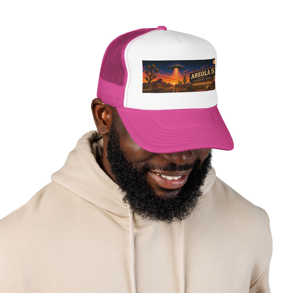 Areola 51 Trucker Hat — Retro UFO Desert Adventure Foam Cap