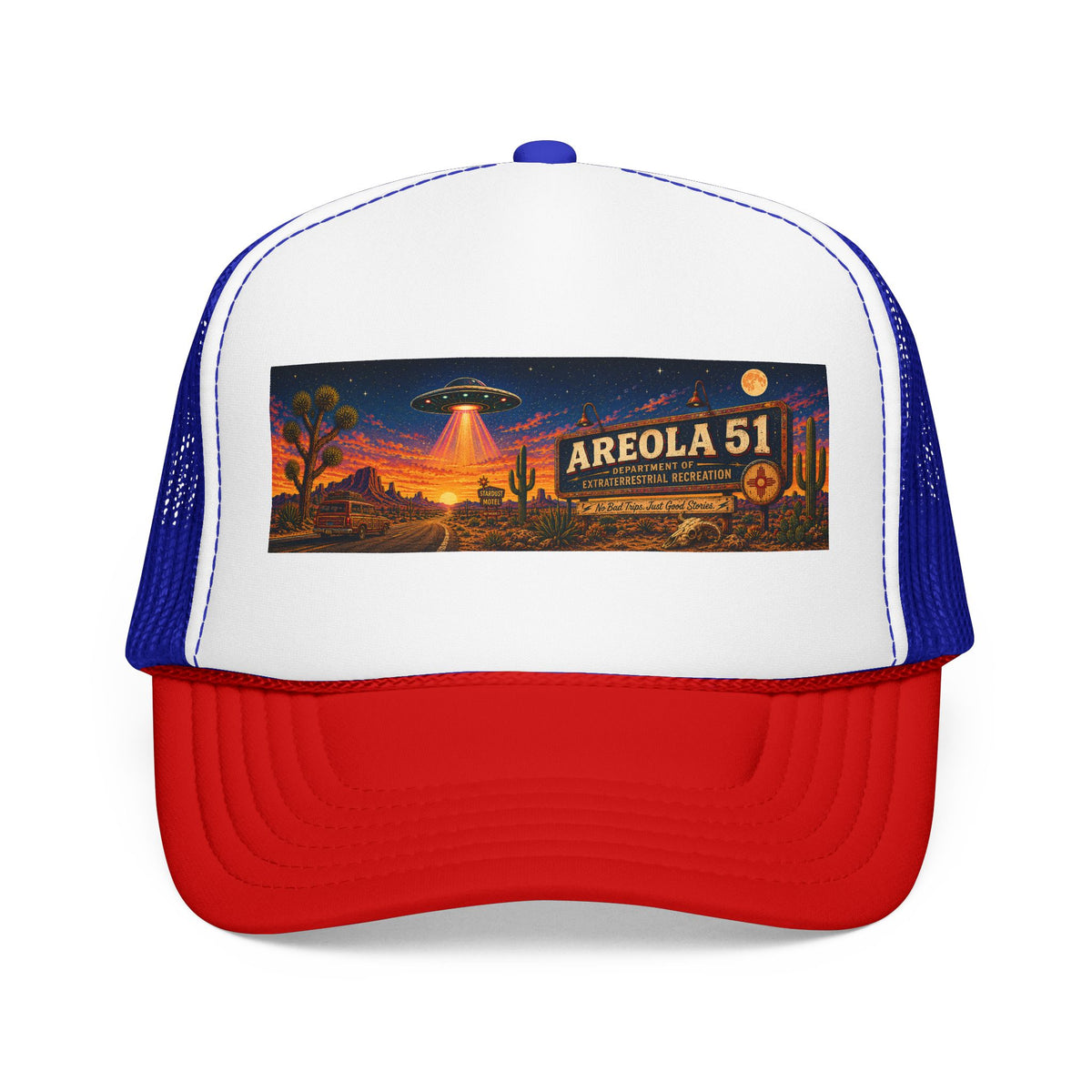 Areola 51 Trucker Hat — Retro UFO Desert Adventure Foam Cap