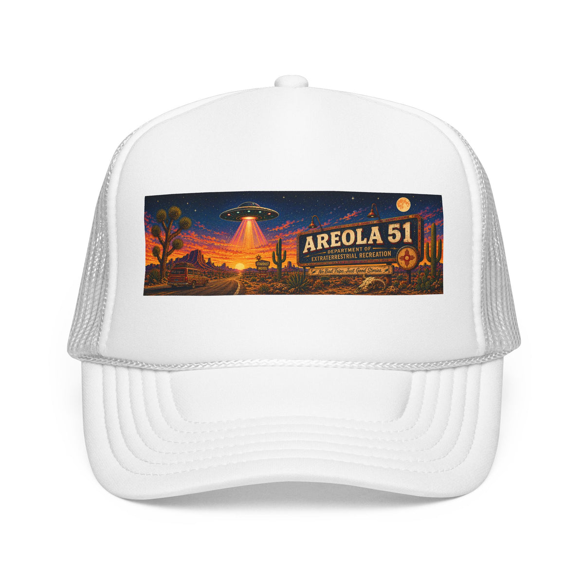 Areola 51 Trucker Hat — Retro UFO Desert Adventure Foam Cap