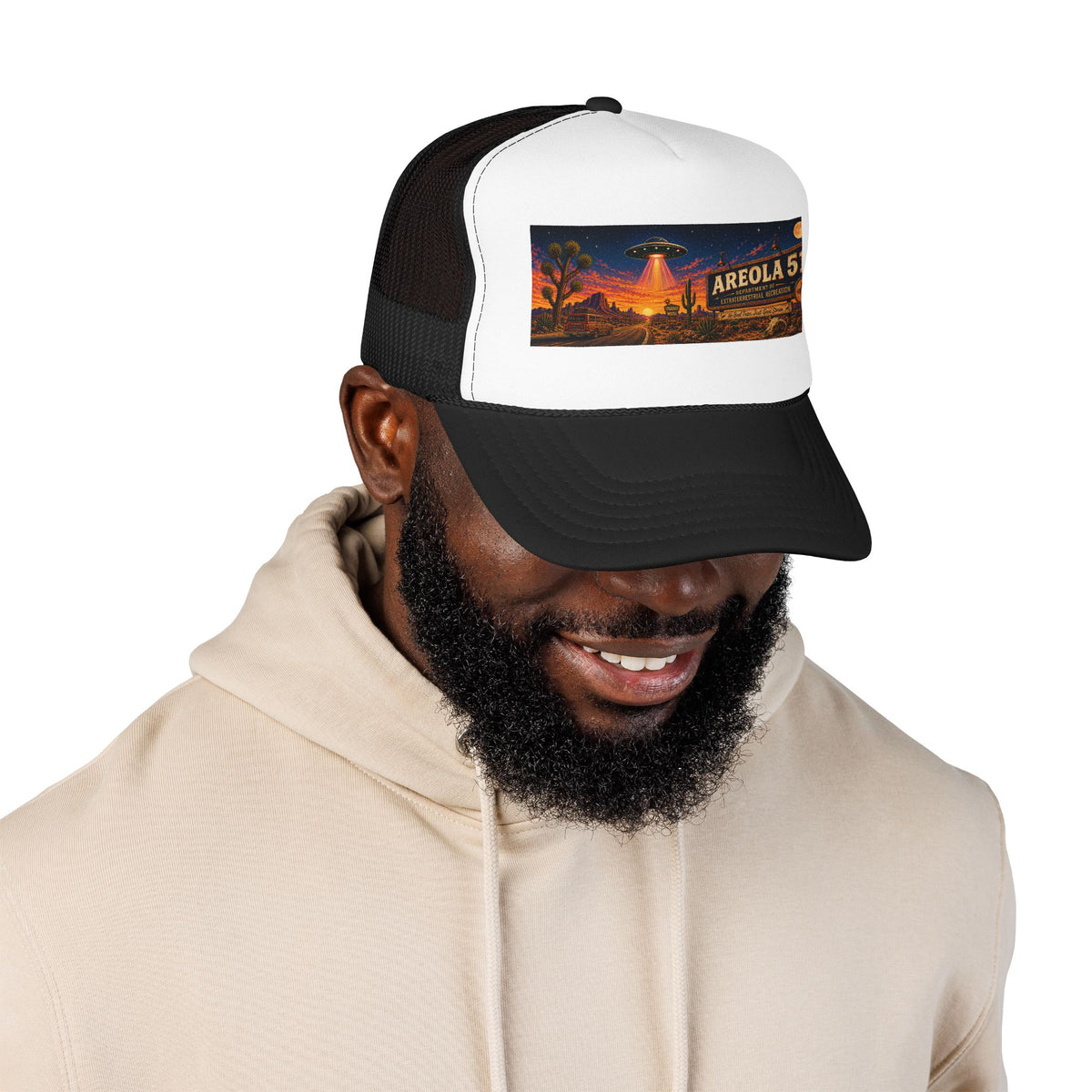 Areola 51 Trucker Hat — Retro UFO Desert Adventure Foam Cap