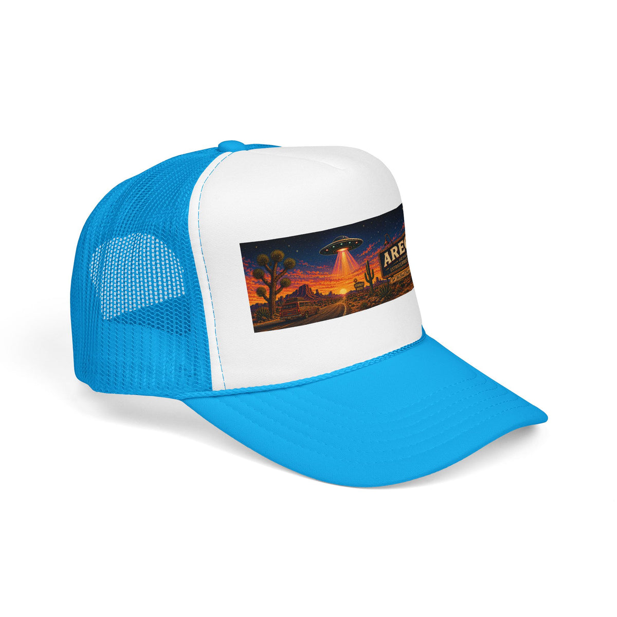 Areola 51 Trucker Hat — Retro UFO Desert Adventure Foam Cap