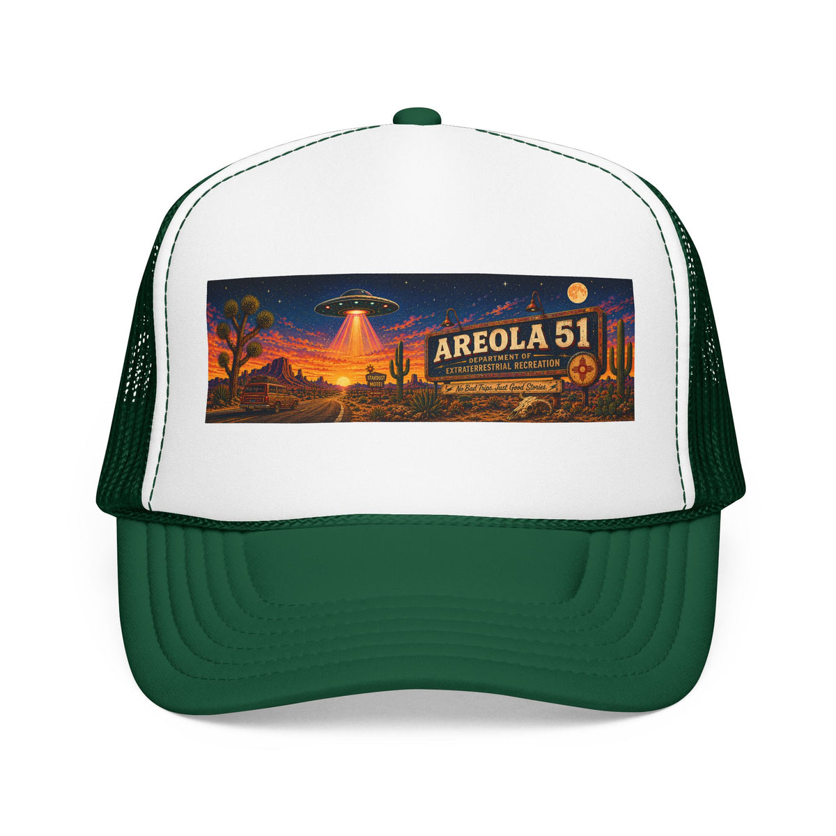 Areola 51 Trucker Hat — Retro UFO Desert Adventure Foam Cap
