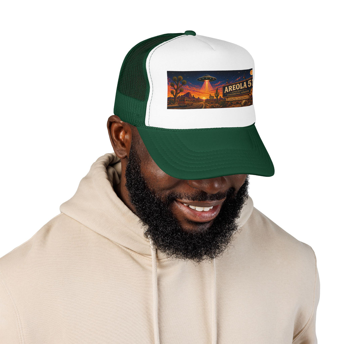 Areola 51 Trucker Hat — Retro UFO Desert Adventure Foam Cap
