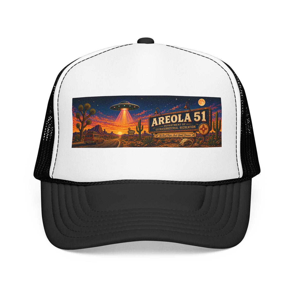 Areola 51 Trucker Hat — Retro UFO Desert Adventure Foam Cap