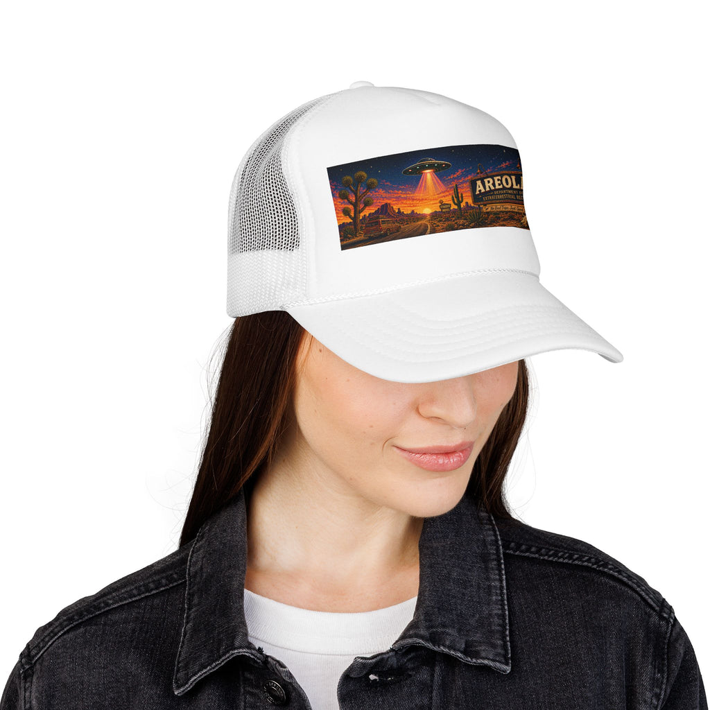 Areola 51 Trucker Hat — Retro UFO Desert Adventure Foam Cap