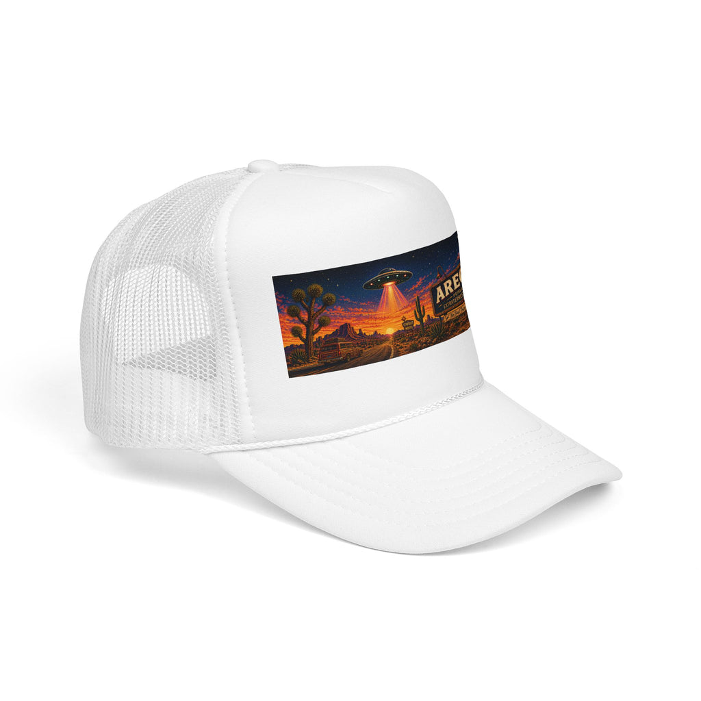 Areola 51 Trucker Hat — Retro UFO Desert Adventure Foam Cap