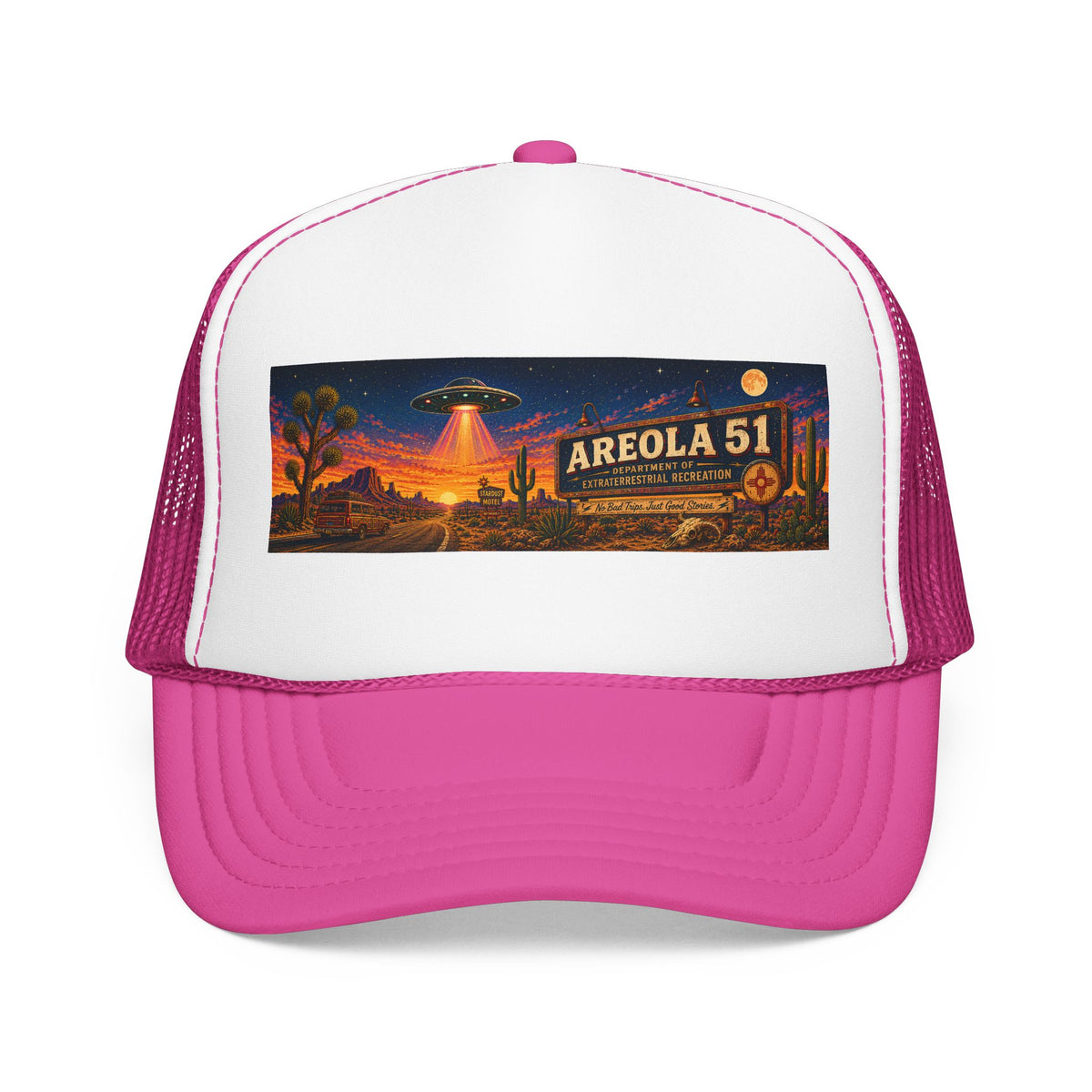 Areola 51 Trucker Hat — Retro UFO Desert Adventure Foam Cap