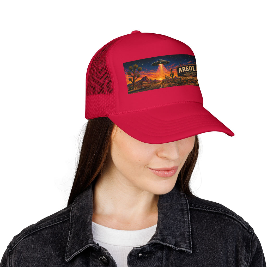 Areola 51 Trucker Hat — Retro UFO Desert Adventure Foam Cap