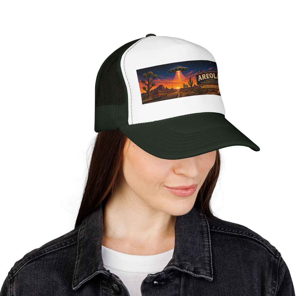 Areola 51 Trucker Hat — Retro UFO Desert Adventure Foam Cap