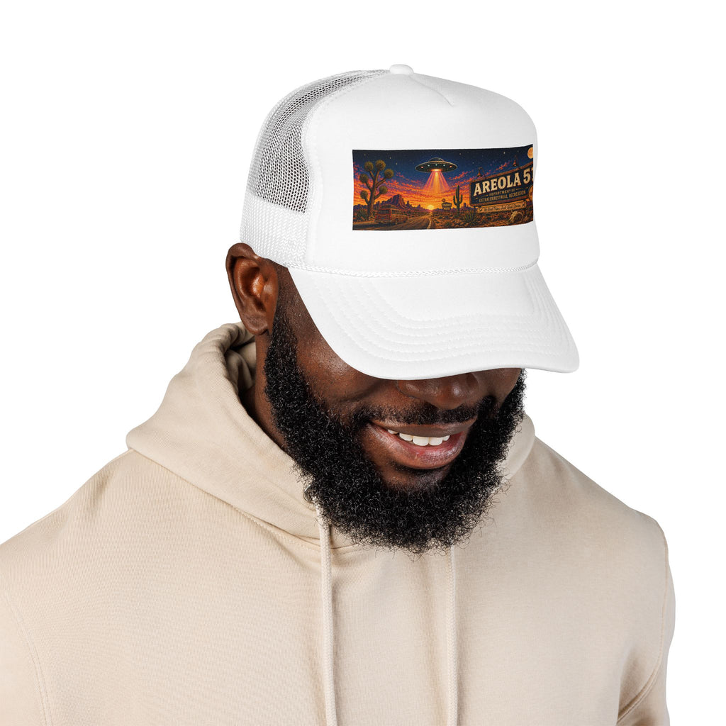 Areola 51 Trucker Hat — Retro UFO Desert Adventure Foam Cap