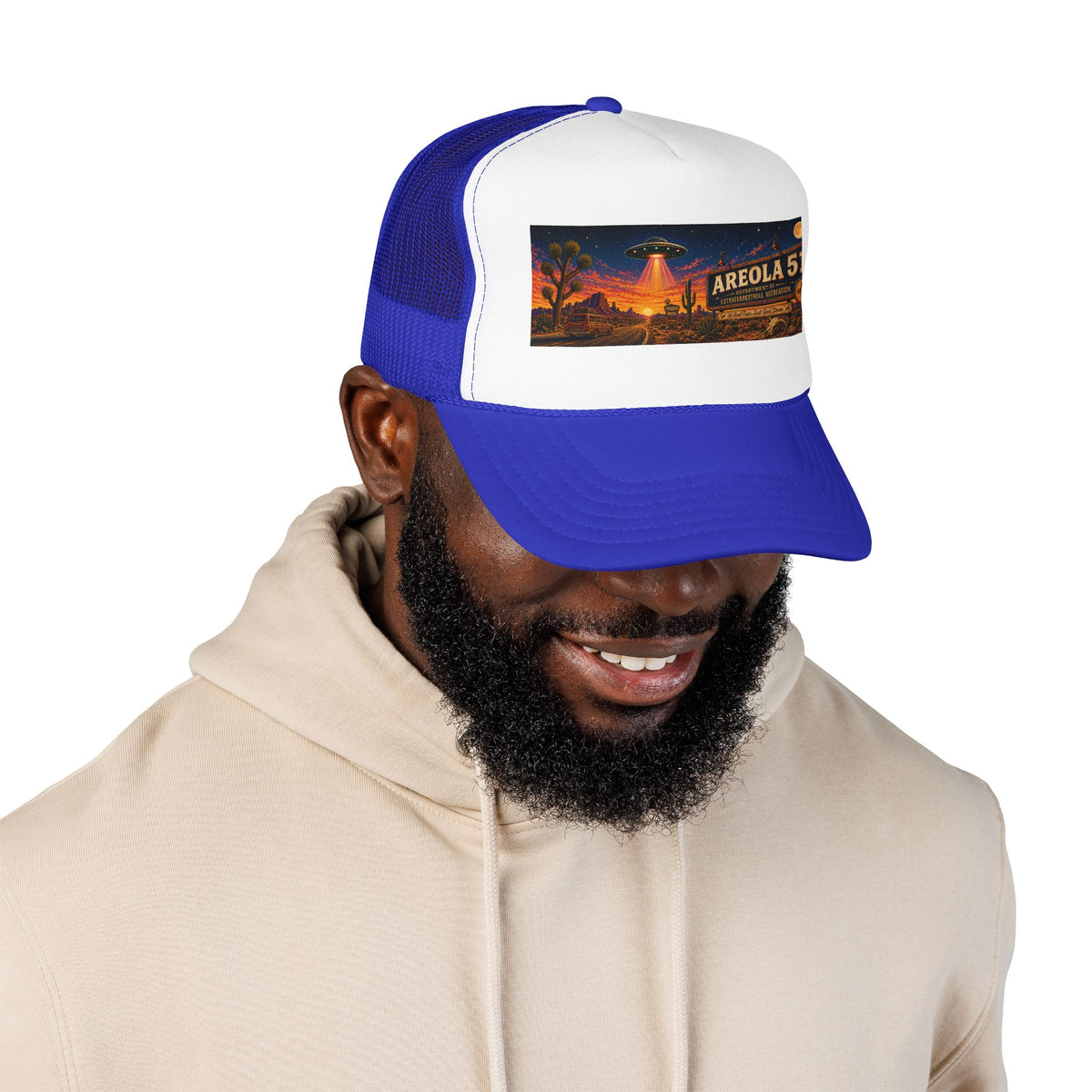 Areola 51 Trucker Hat — Retro UFO Desert Adventure Foam Cap