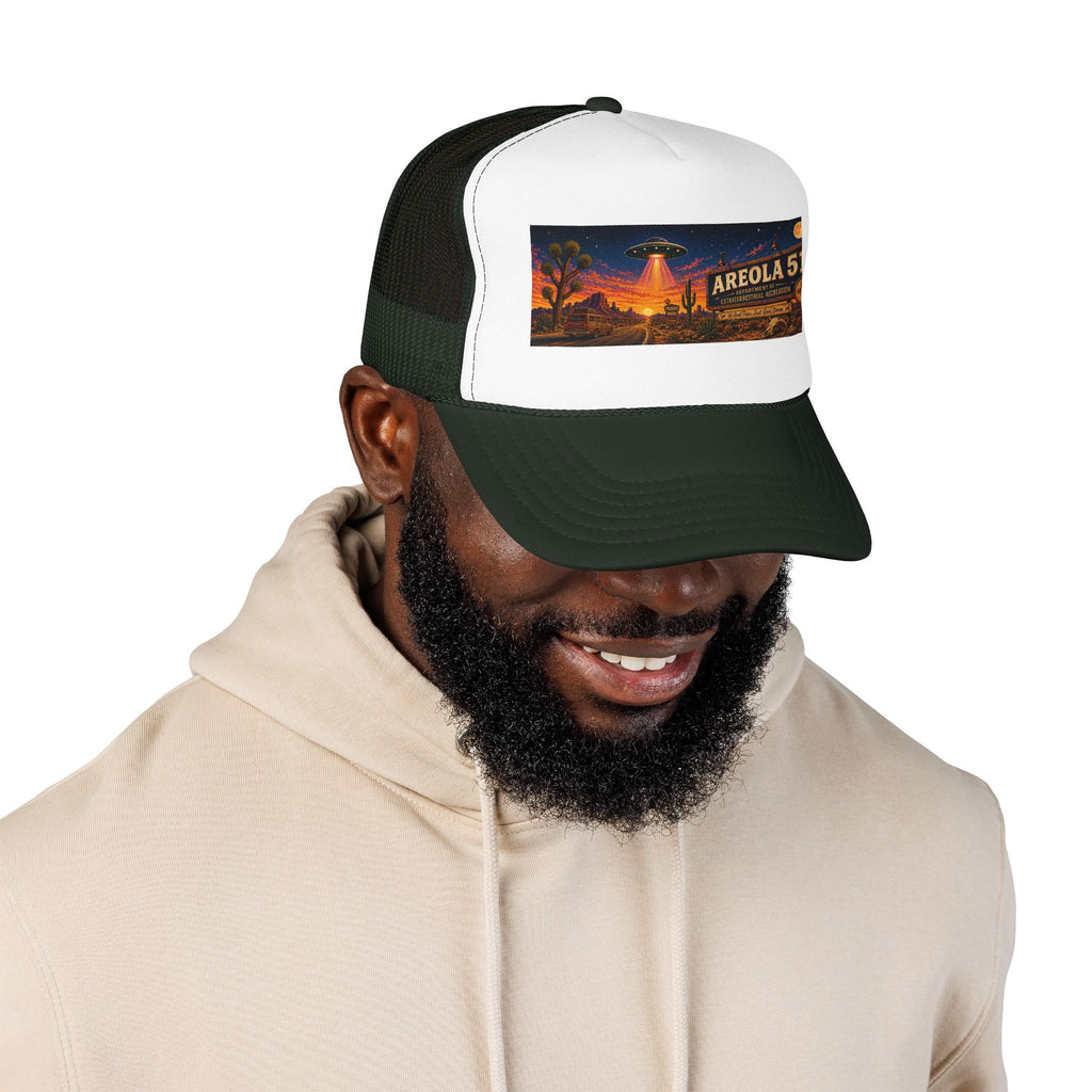 Areola 51 Trucker Hat — Retro UFO Desert Adventure Foam Cap