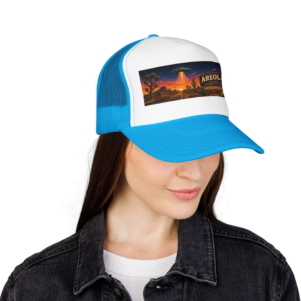 Areola 51 Trucker Hat — Retro UFO Desert Adventure Foam Cap