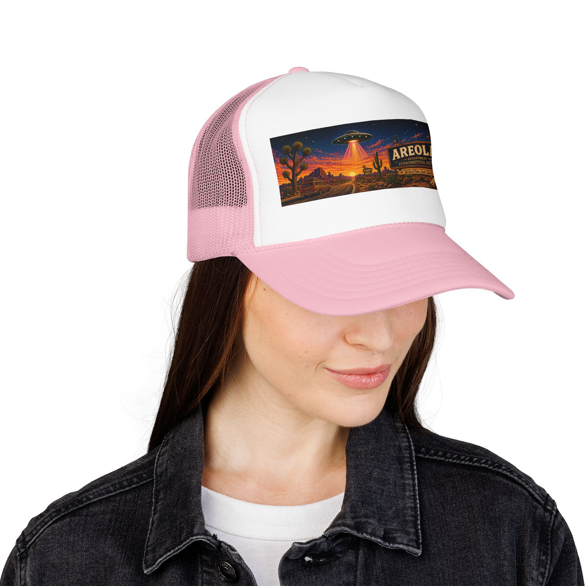 Areola 51 Trucker Hat — Retro UFO Desert Adventure Foam Cap