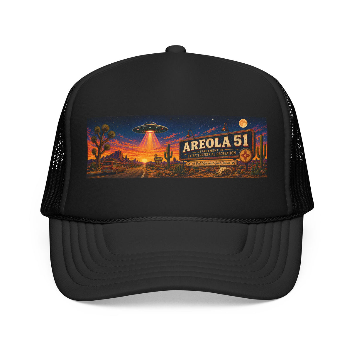 Areola 51 Trucker Hat — Retro UFO Desert Adventure Foam Cap