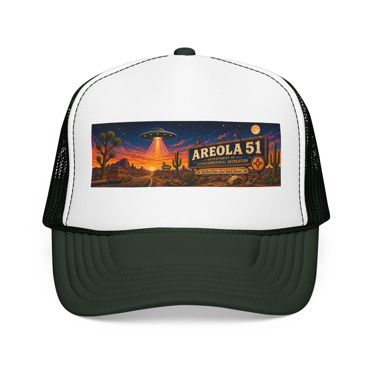 Areola 51 Trucker Hat — Retro UFO Desert Adventure Foam Cap