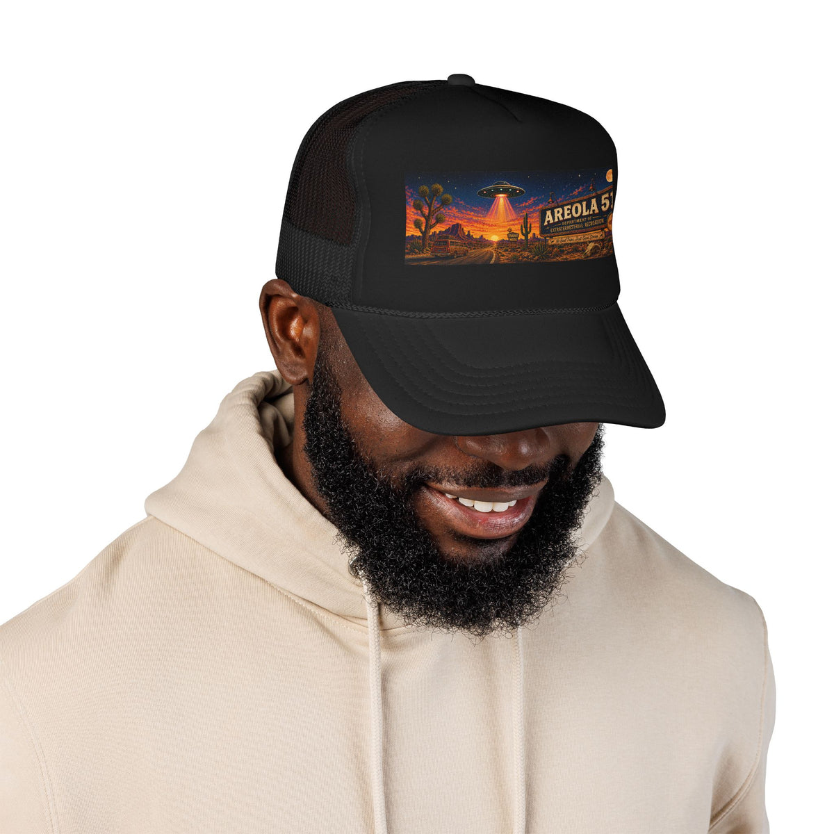 Areola 51 Trucker Hat — Retro UFO Desert Adventure Foam Cap