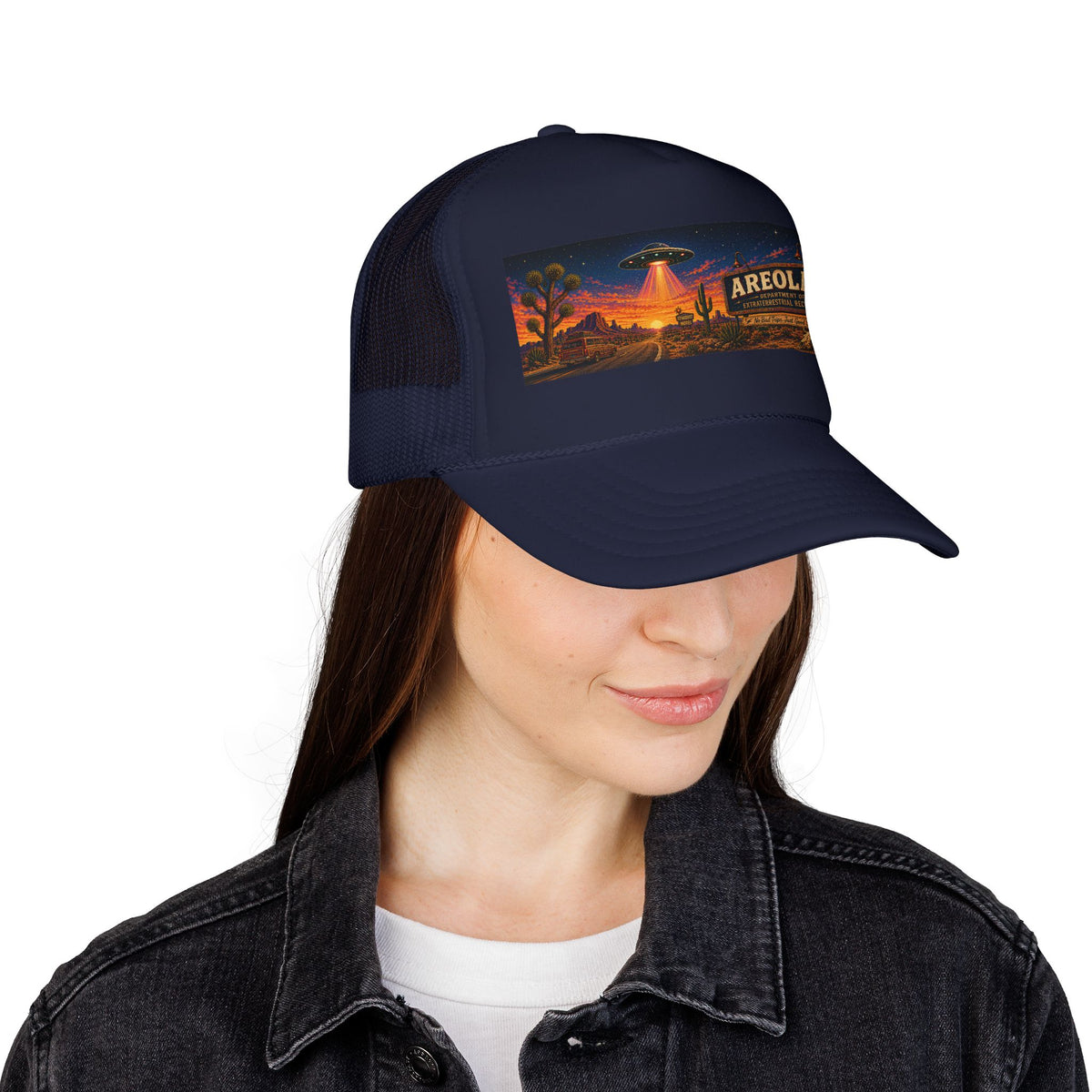 Areola 51 Trucker Hat — Retro UFO Desert Adventure Foam Cap