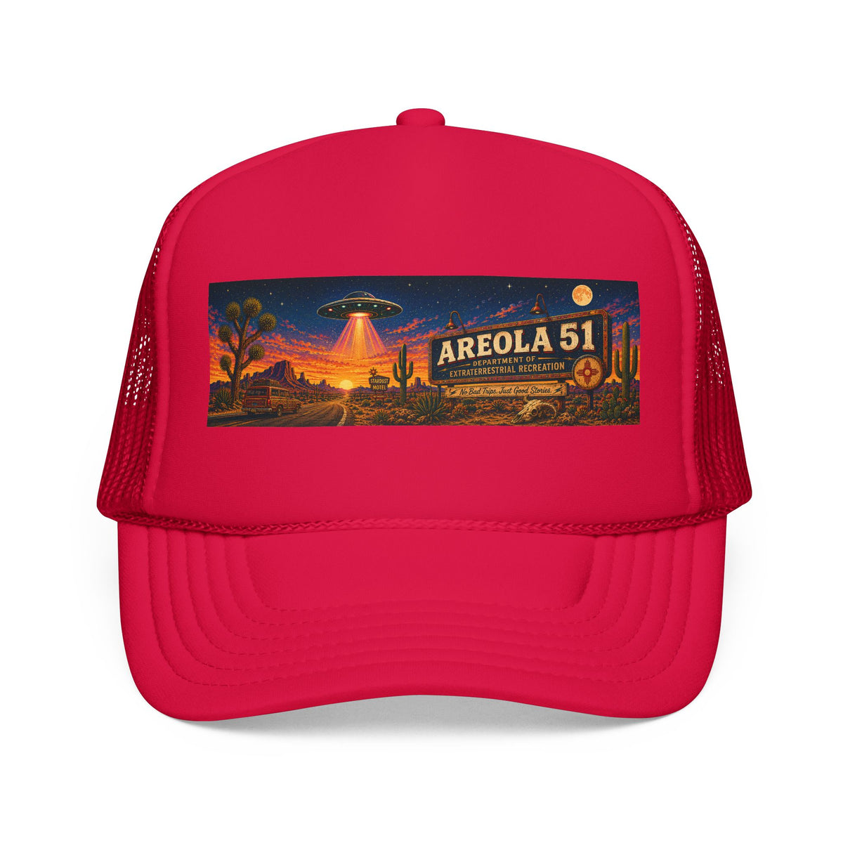 Areola 51 Trucker Hat — Retro UFO Desert Adventure Foam Cap