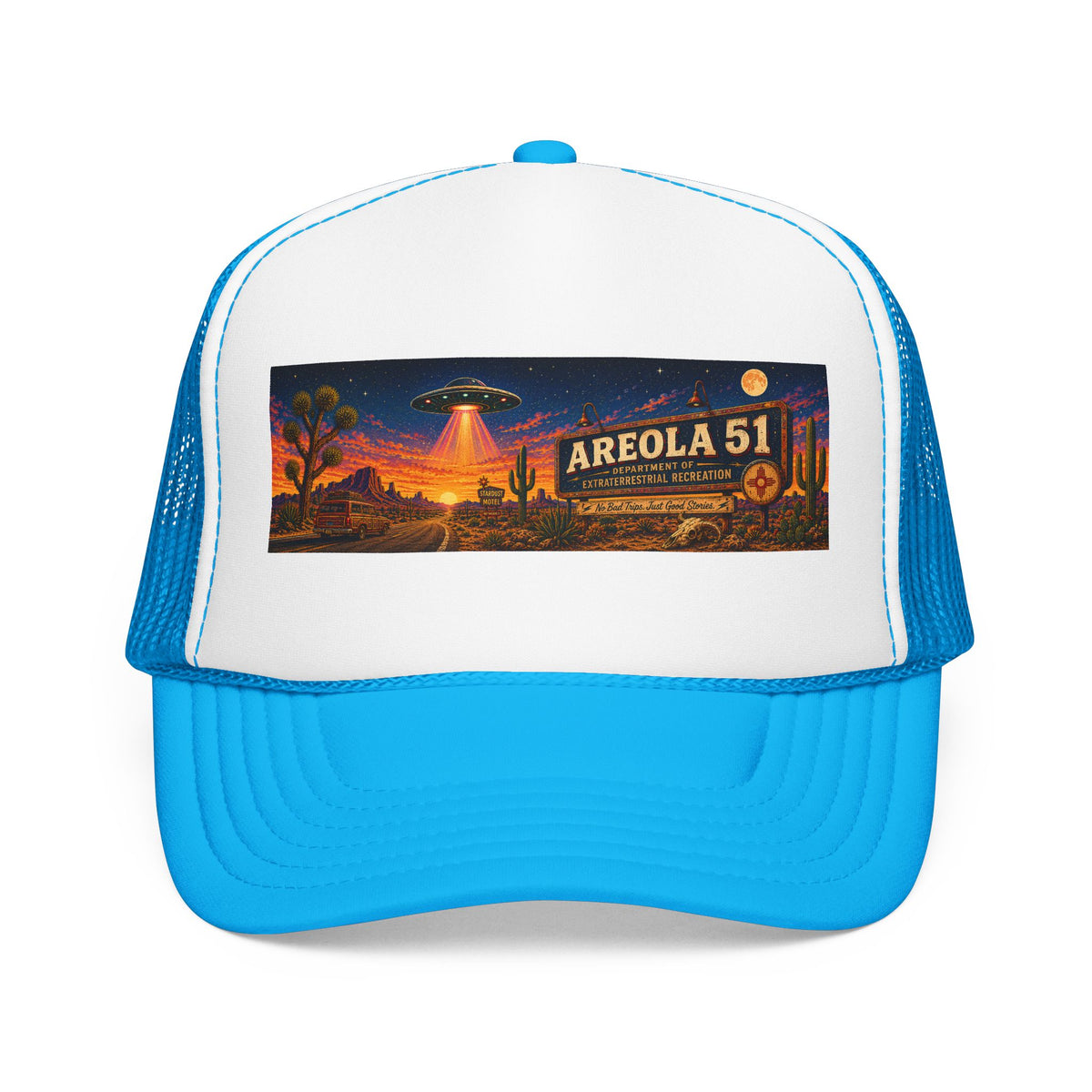 Areola 51 Trucker Hat — Retro UFO Desert Adventure Foam Cap